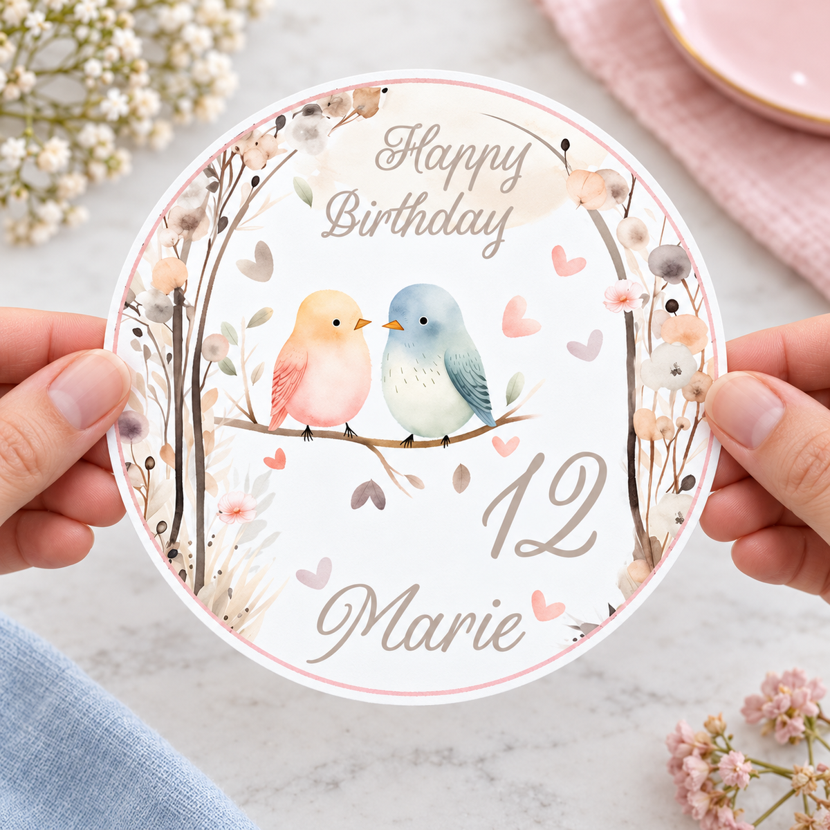 MUCKKI-PRO:c5fe20d5d07f99cf87986999d579f95a900183d2c118cee19060d3e886bff151:Tortenaufleger Geburtstag Vögel 2 Personalisiert Name & Zahl (20cm) Fondant Papier