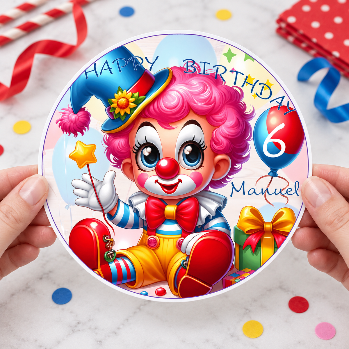 MUCKKI-PRO:df4420402c388d42bb7cc7dee49230abe233f373a2d201cbb5c1ecb4cd8b34e6:Tortenaufleger Geburtstag Clown-Party 1 Name & Zahl (20cm) Fondant Papier