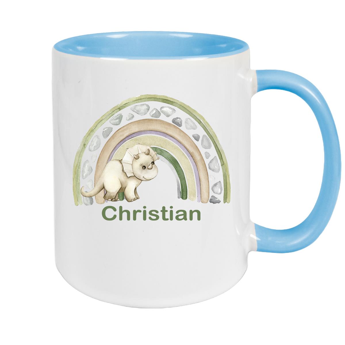 Tasse Wunschname Regenbogen-Dino Keramik Kinderbecher versch. Farben