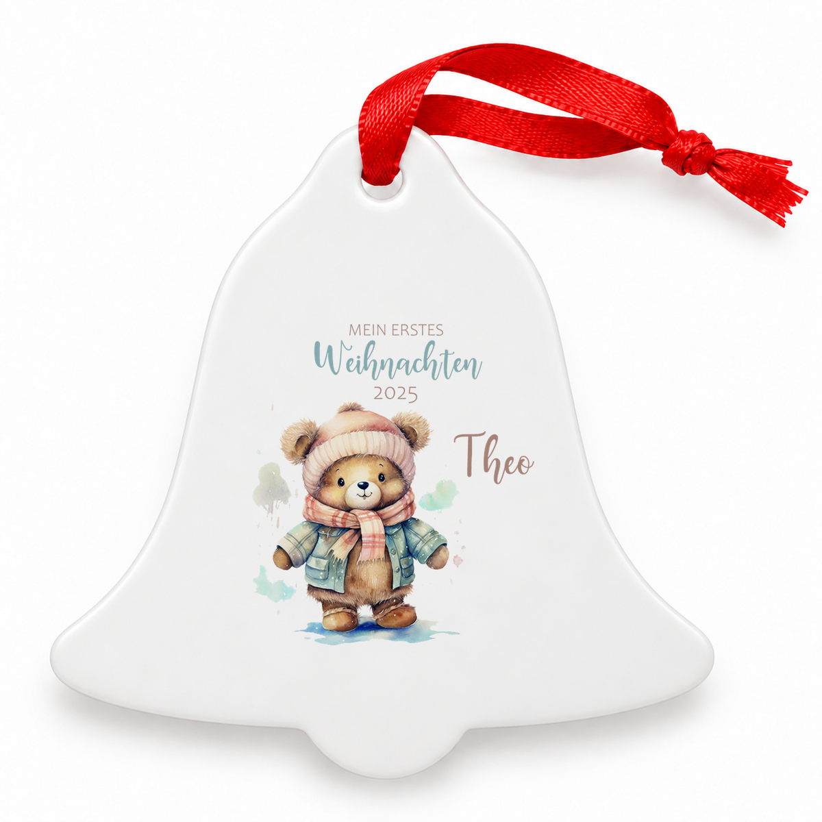 MUCKKI-PRO:57ca6678ddd48463822f1bf81ace98ae6c9bfe5313b1f061b811fd1182e629d9:Weihnachtsanhänger personalisiert Teddy – mein erstes Weihnachten mit Wunschnamen – Rund, Stern, Herz oder Glocke