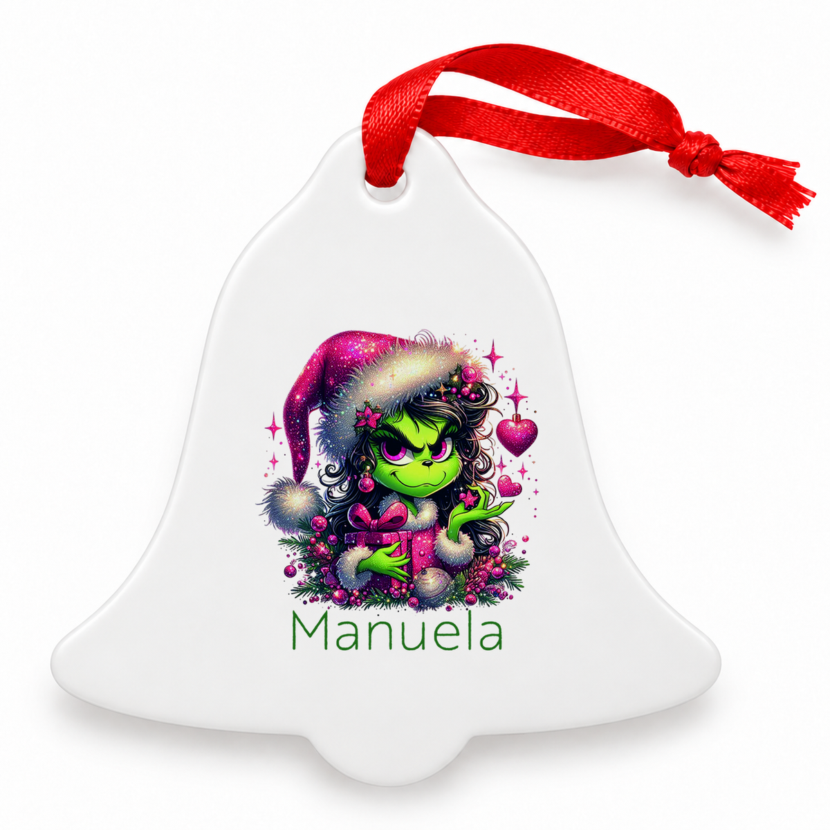 MUCKKI-PRO:0f9bd5dfb80143cca908c8acf3020675041734b73d9addf8cb6cf04284710cc5:Weihnachtsanhänger personalisiert Lady-Grinch 2 mit Wunschnamen – Rund, Stern, Herz oder Glocke