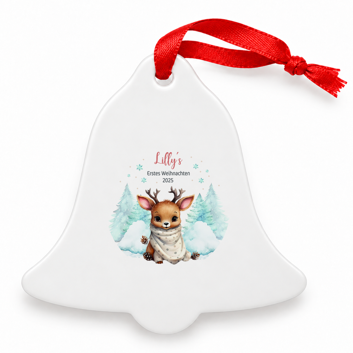 MUCKKI-PRO:e01097caa56a4f736c41feee934650f9d06df753566ef4f7e6fe64b14098cb2d:Weihnachtsanhänger personalisiert Rentier Baby mit Wunschnamen – Rund, Stern, Herz oder Glocke