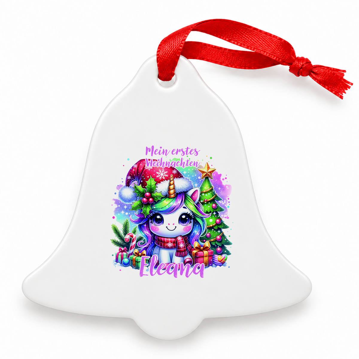 Weihnachtsanhänger personalisiert Einhorn 2 – mein erstes Weihnachten mit Wunschnamen – Rund, Stern, Herz oder Glocke