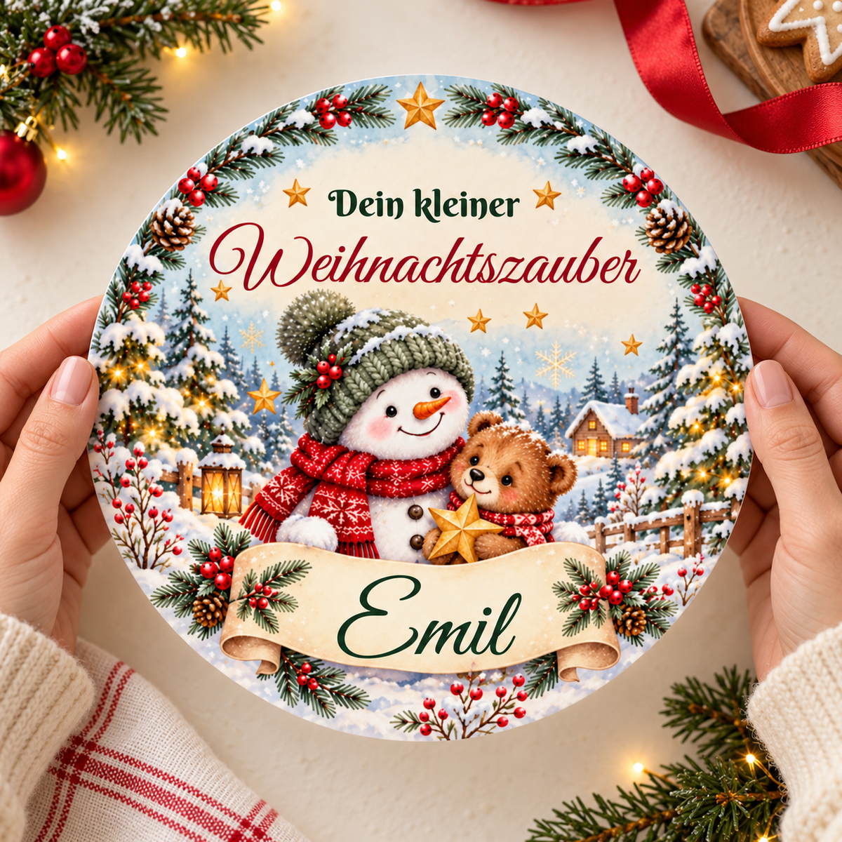 MUCKKI-PRO:3f9009772680e96baaf30920f336777f2d3a514820405e4cbd105ff2c4b23578:Tortenaufleger Weihnachten Schneemann & Bär – personalisiert mit Wunschname – versch. Formen