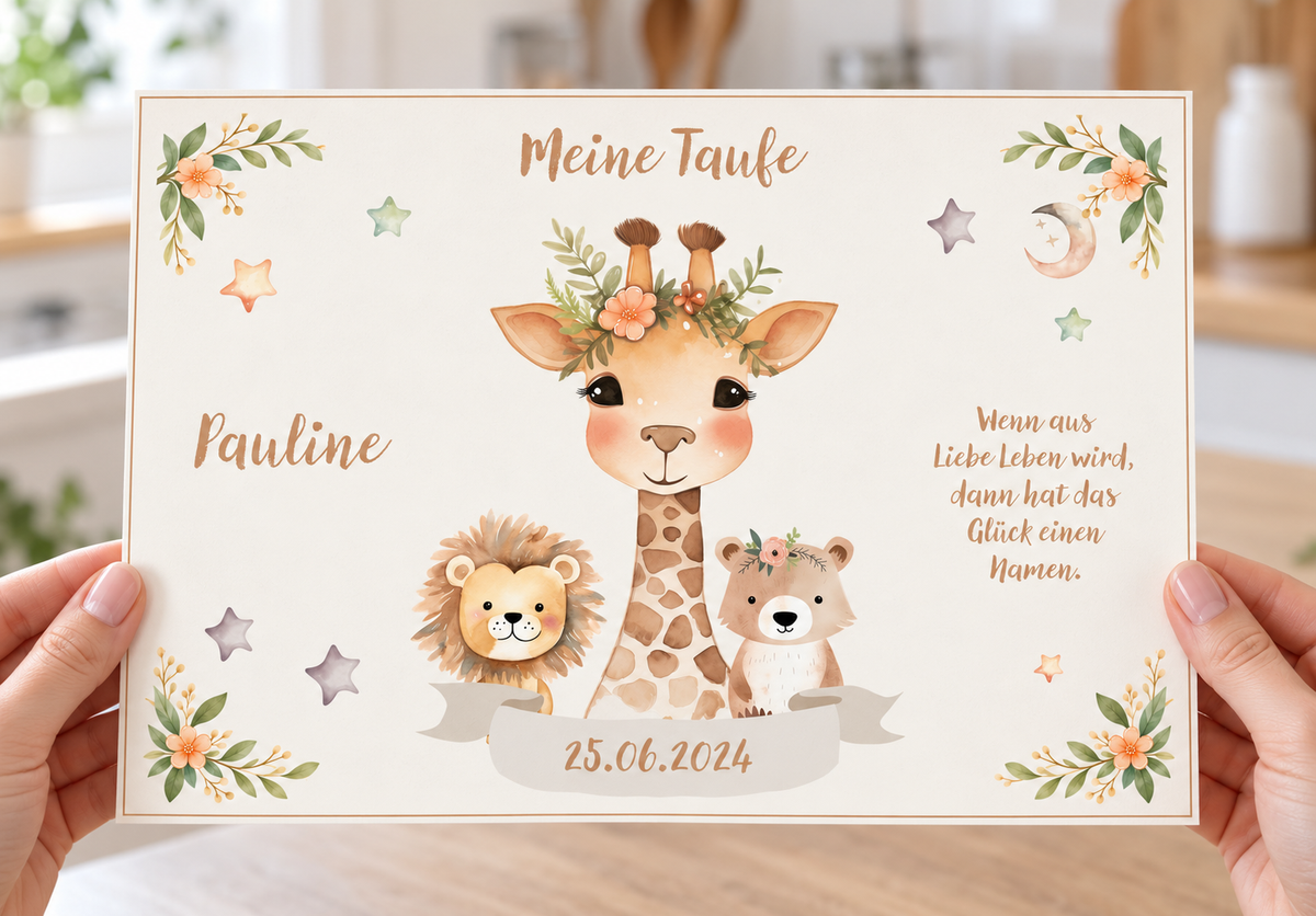 MUCKKI-PRO:8c35d8cf5494a0c8cbbe61722eaf79c27fd9109a57597eb89fcea5f3532d57d7:Tortenaufleger Taufe Animals 1 – personalisiert mit Name & Datum – Eckig (28 x 20cm)