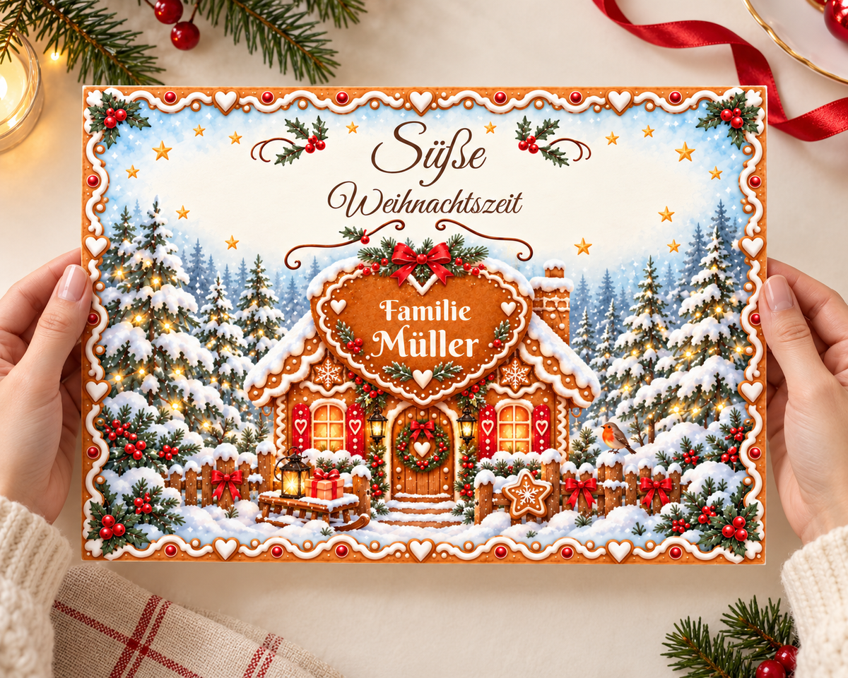Tortenaufleger Weihnachten Lebkuchenhaus – personalisiert mit Familienname – versch. Formen