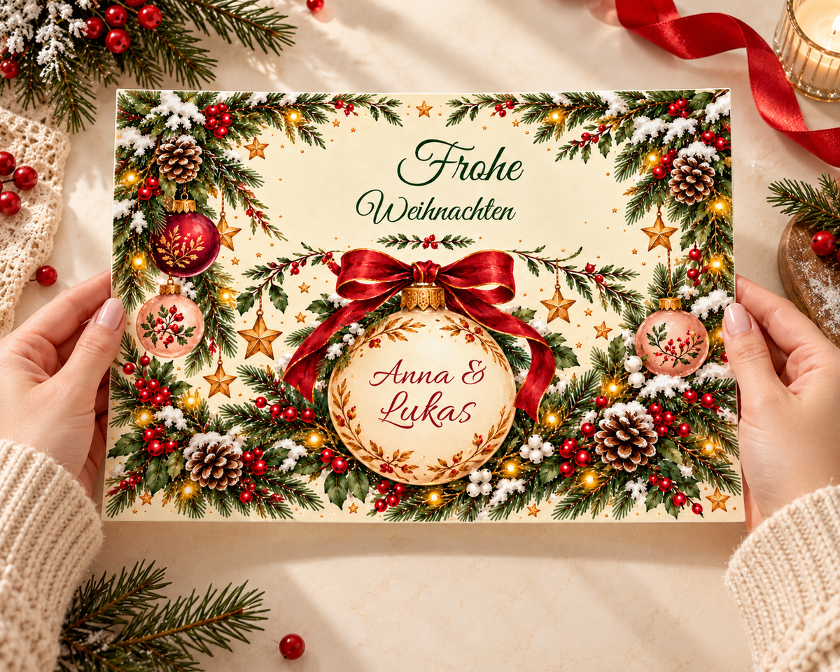 MUCKKI-PRO:b82e7ed28c152bef96a22e98ff7f85f638572978ca1b903de24df63854afe533:Tortenaufleger Weihnachten Weihnachtskugel – personalisiert mit Wunschnamen – Eckig (28 x 20cm)