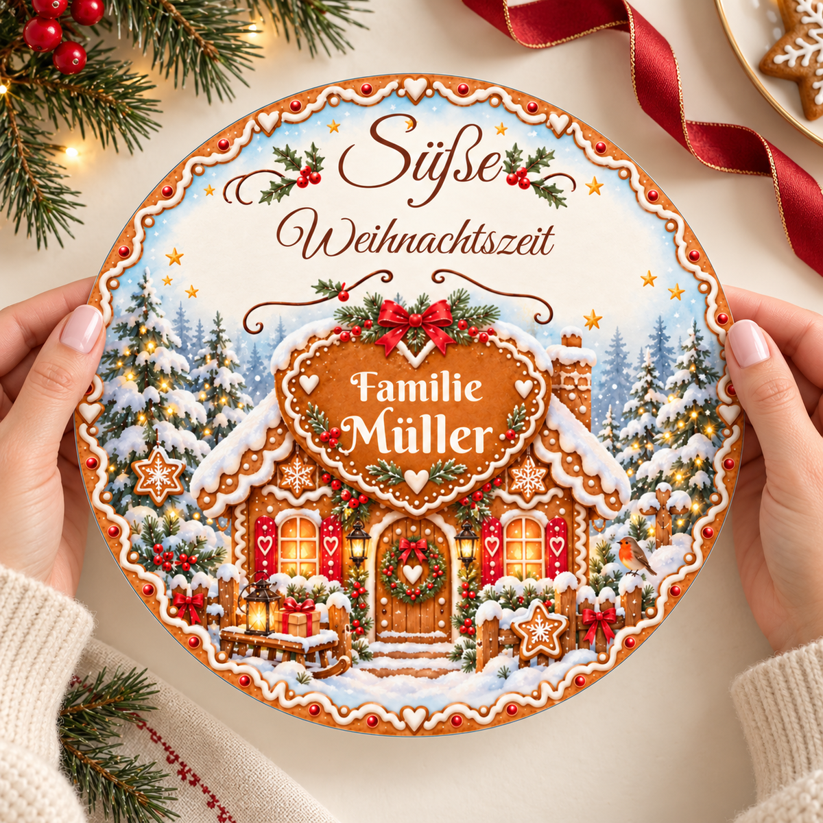 MUCKKI-PRO:66b036bd381f6f506ab996800d2ac8785fe5d4a635fcad6c209c9eb9ab9ce8c7:Tortenaufleger Weihnachten Lebkuchenhaus – personalisiert mit Familienname – versch. Formen