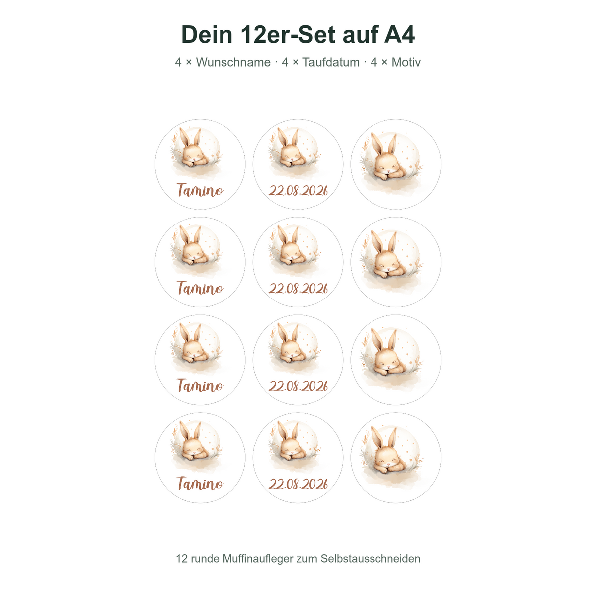 MUCKKI-PRO:a5d7107c6f6c397b25e8253e05a64276103787789b0988908d96dbd94815365c:Muffinaufleger Taufe Hase 2 – 12 Stück à 6 cm mit Name und Taufdatum