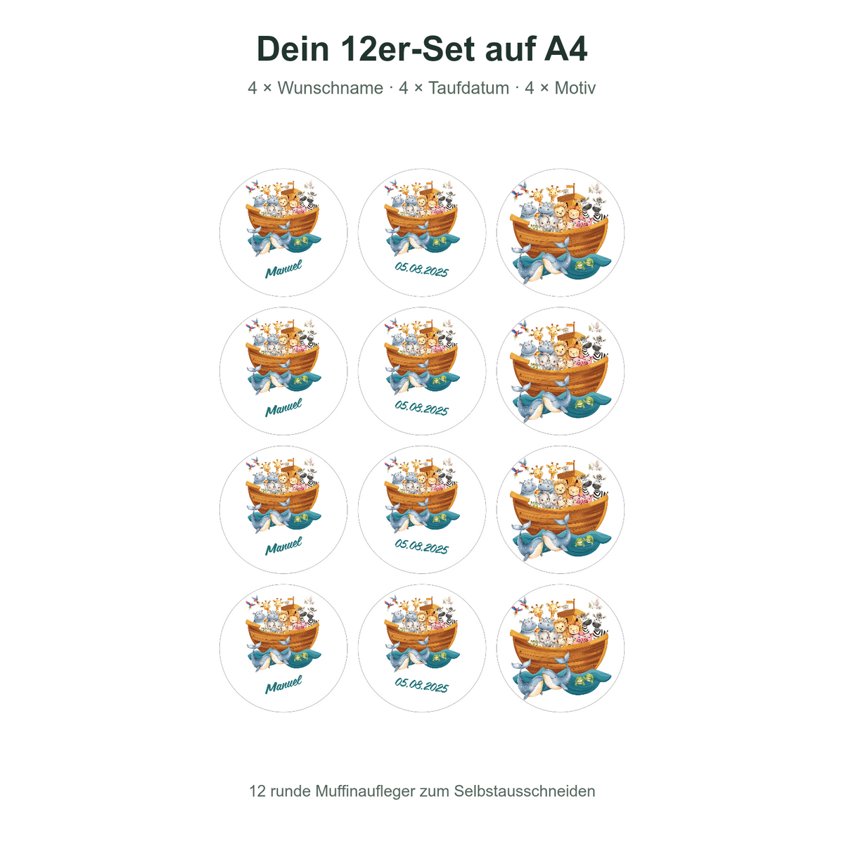 MUCKKI-PRO:7328c5ba049586e3361b729026460f7d99688b32993b82334b1507686d0c2ff6:Muffinaufleger Taufe Arche Noah 2 – 12 Stück à 6 cm mit Name und Taufdatum