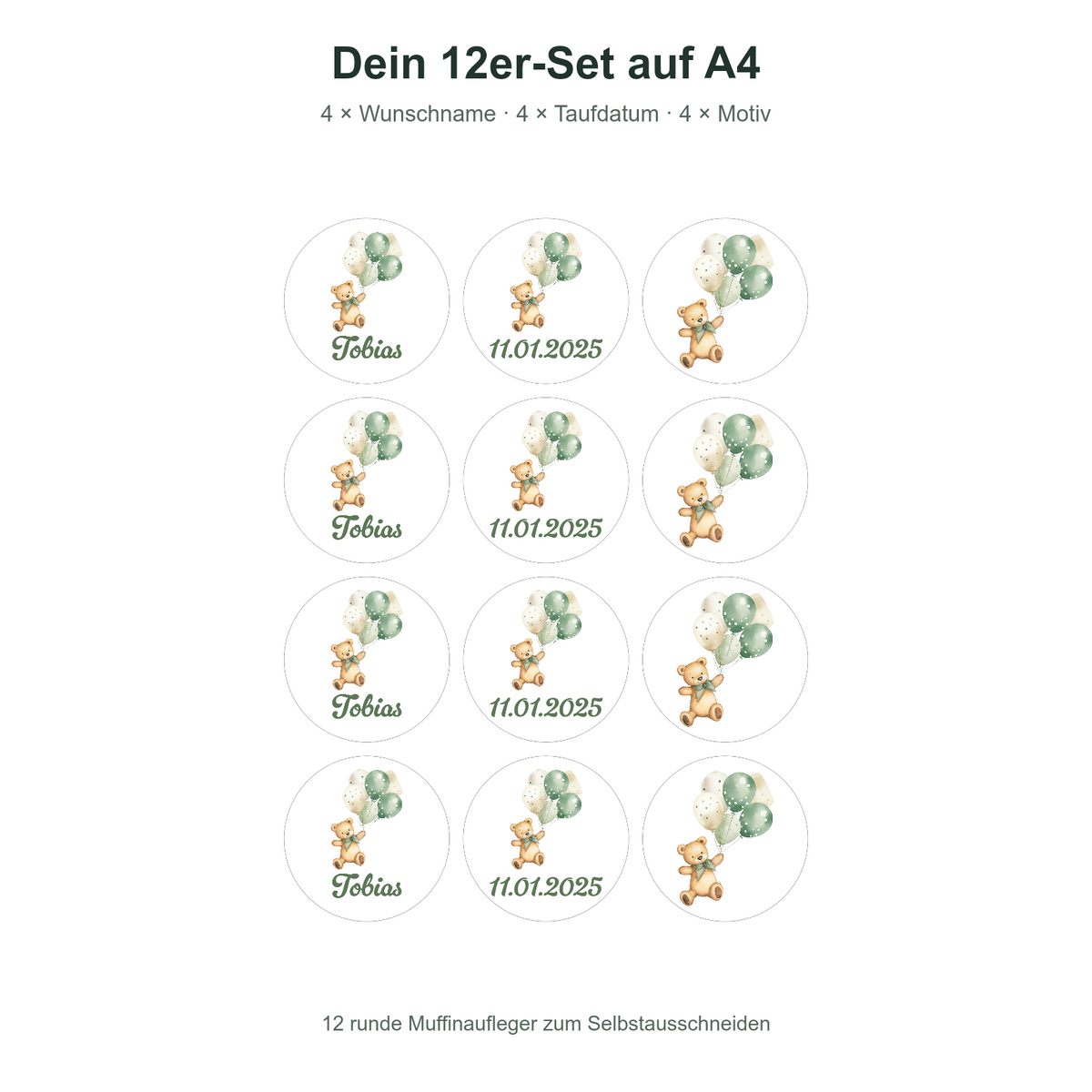 MUCKKI-PRO:7fa2b53534af1e65487e139d518119f3325229a560b8988c1971fe981b7969c7:Muffinaufleger Taufe Bär 1 – 12 Stück à 6 cm mit Name und Taufdatum