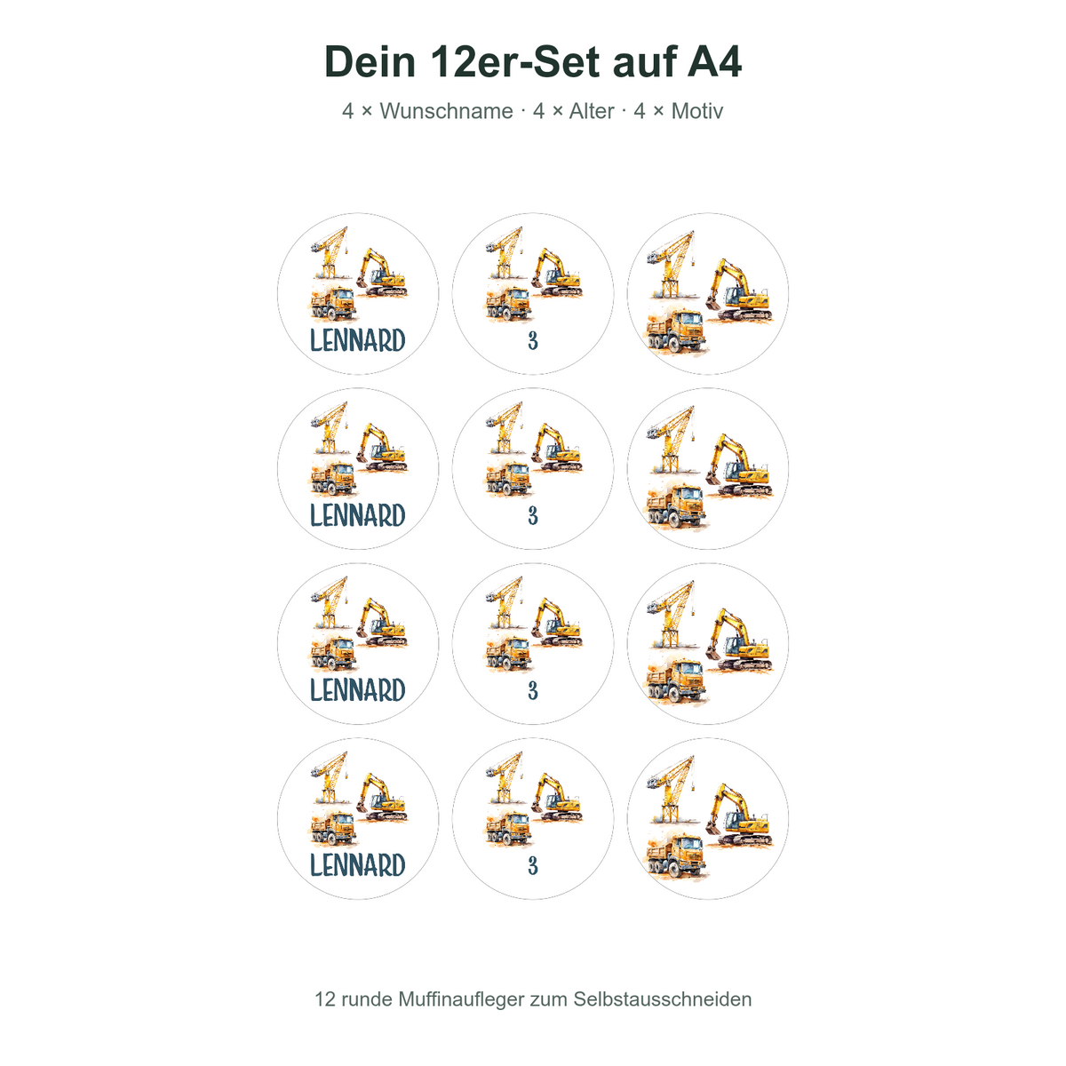MUCKKI-PRO:93a82fe398b4b0eee7bf297abba10cbc17abea1e63a8aefdcc0a9807a31a920a:Muffinaufleger Geburtstag Baustelle 1 – 12 Stück à 6 cm mit Name und Alter