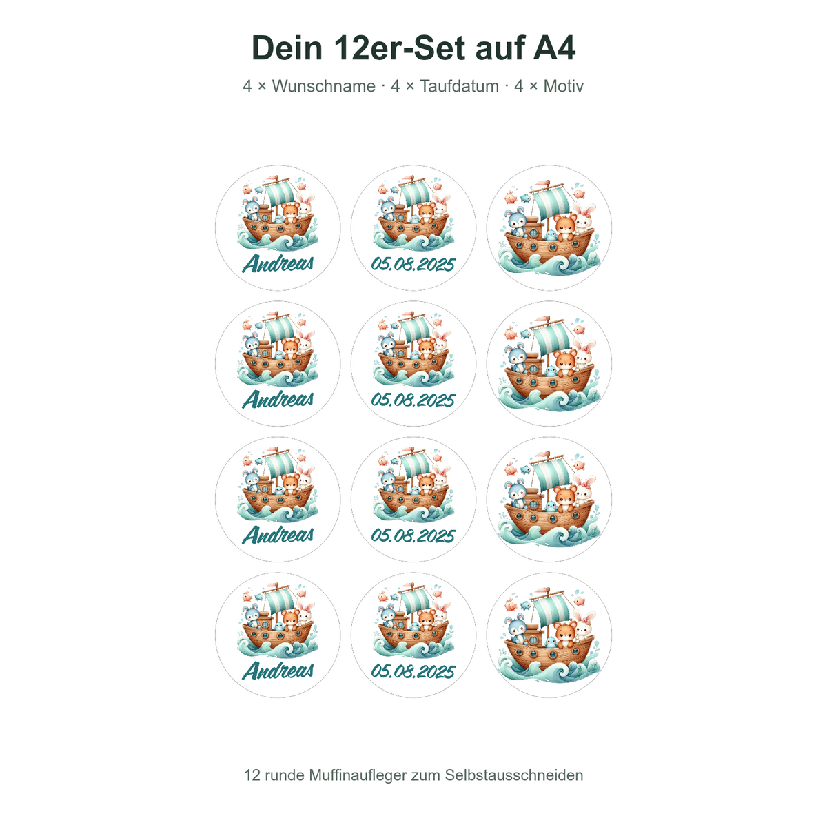MUCKKI-PRO:211b68bbb71ed0a34bd5b6aec074defc14f60109d95e6b2c443f4bde9e939c81:Muffinaufleger Taufe Arche Noah 4 – 12 Stück à 6 cm mit Name und Taufdatum