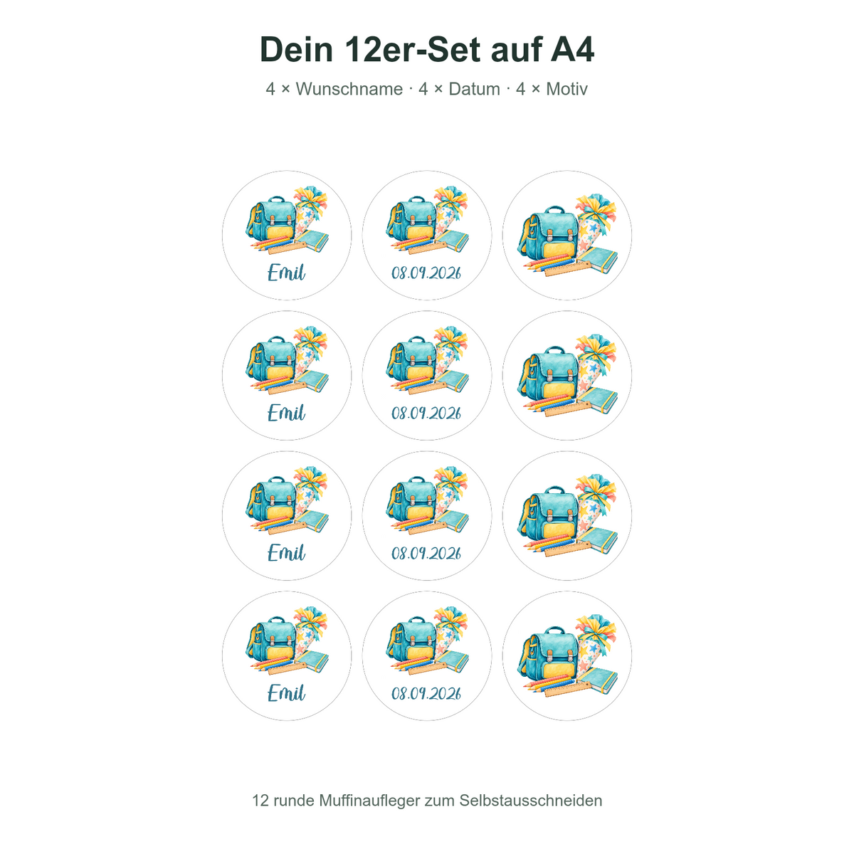 MUCKKI-PRO:e566e5f8a28c228d903a61b917bc365cfc611e55870c1b5daf9bd8b5ef53ed54:Muffinaufleger Schulanfang 1 mit Kind und Fuchs, Wunschname & Jahr – 4 cm (20 Stück) oder 6 cm (12 Stück)