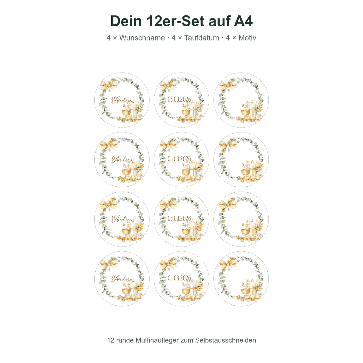 MUCKKI-PRO:264e02654e3fc473d1c6d9f274a8a52d397cb469cd8bf247e7ff537cc8edf360:Muffinaufleger Taufe Eukalyptus 2 – 12 Stück à 6 cm mit Name und Taufdatum