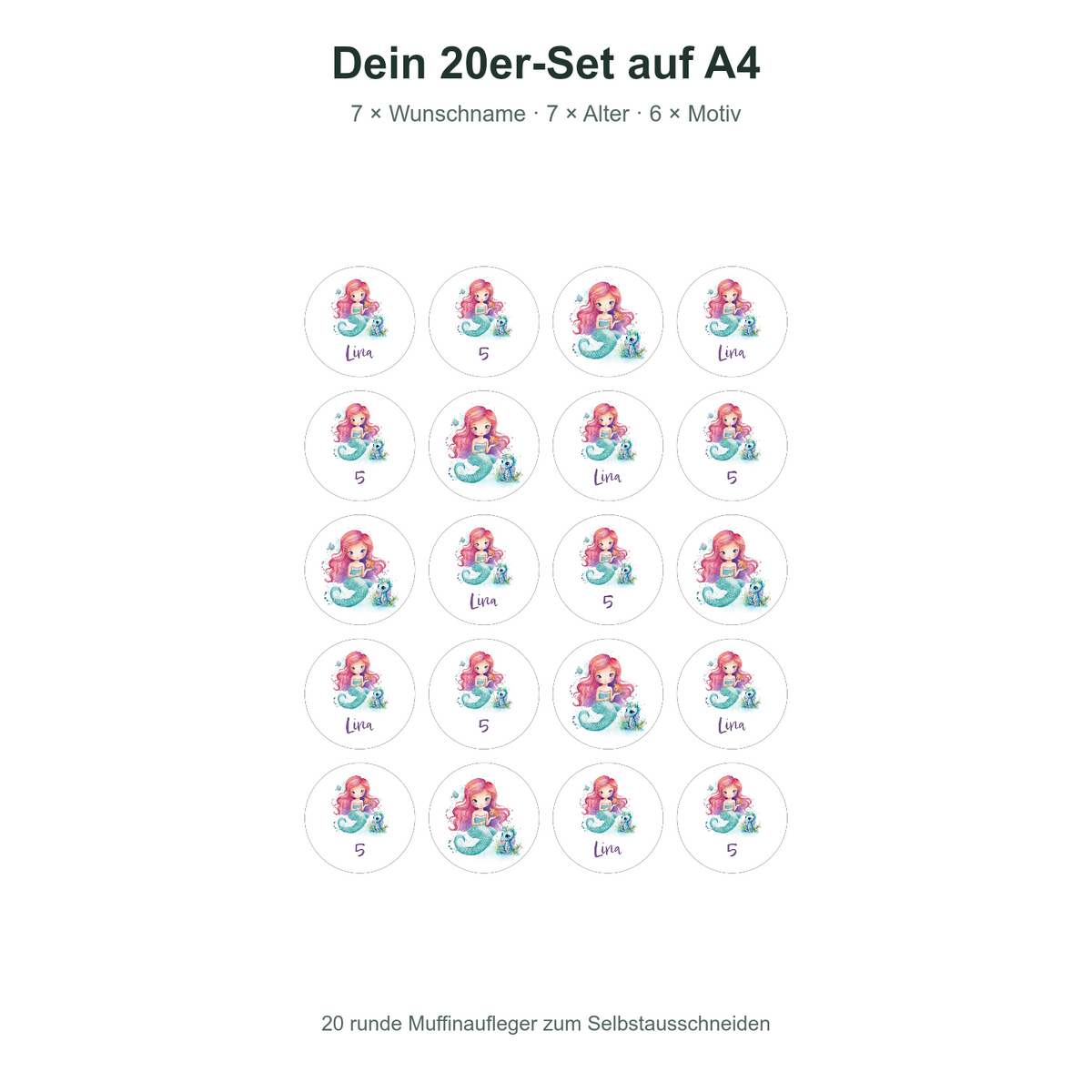 MUCKKI-PRO:876373d845f60ac0cbe7a2fb846e51726bef2afc1c793e9b251c88895a0b26f1:Muffinaufleger Geburtstag Meerjungfrau 1 – 20 Stück à 4 cm mit Name und Alter