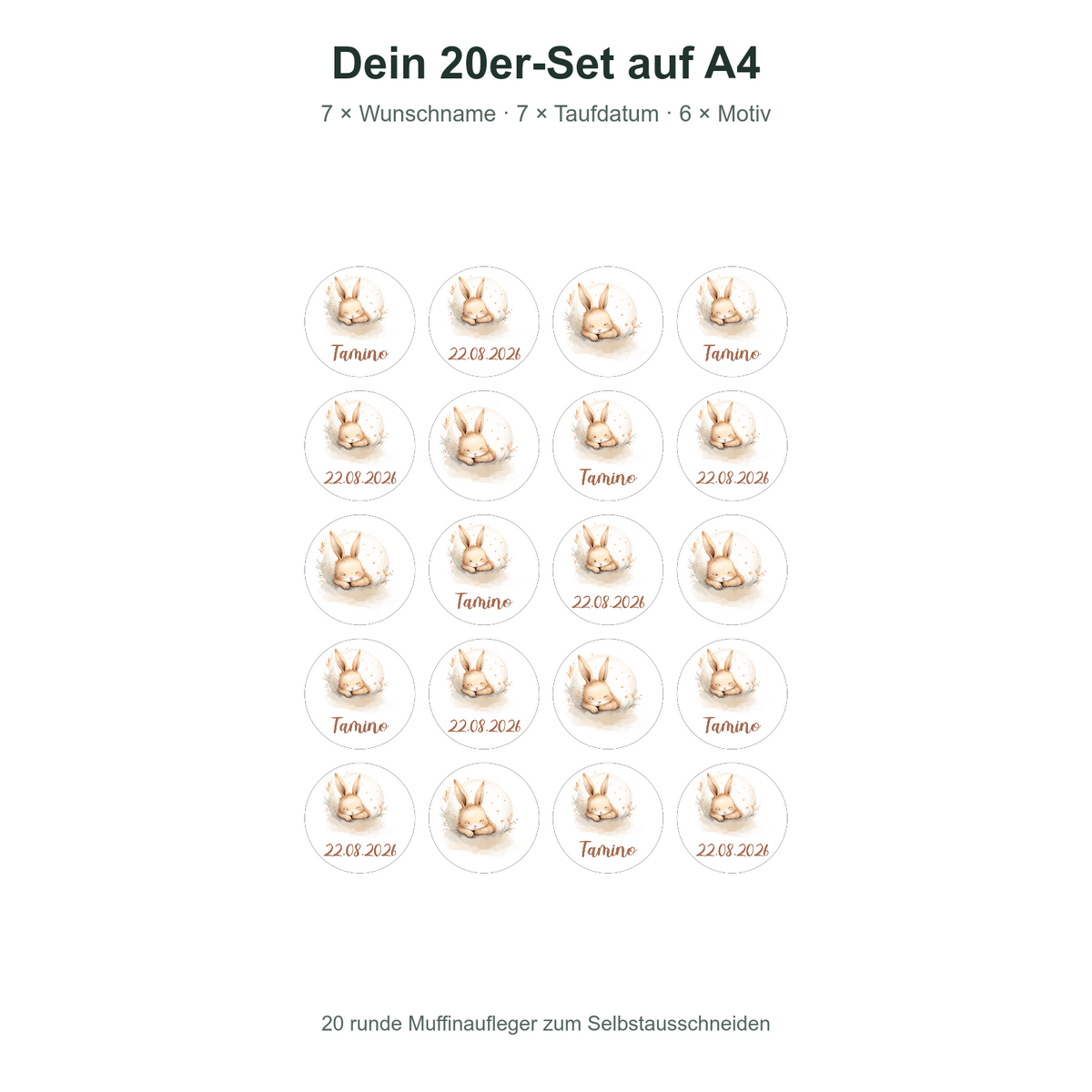 MUCKKI-PRO:a5e1c3d00ad3c6c14fc76565ce35c87c235ee9d83e219a5c2de87efff6f7b8ab:Muffinaufleger Taufe Hase 2 – 20 Stück à 4 cm mit Name und Taufdatum