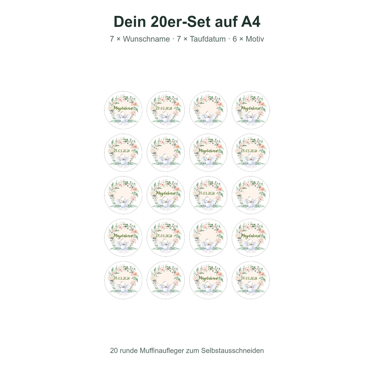 MUCKKI-PRO:798aefdbbc3e3beccb4ae968b4da4d43e0a3ef38306c9484d74660ffad7f172f:Muffinaufleger Taufe Vogel 1 – 20 Stück à 4 cm mit Name und Taufdatum