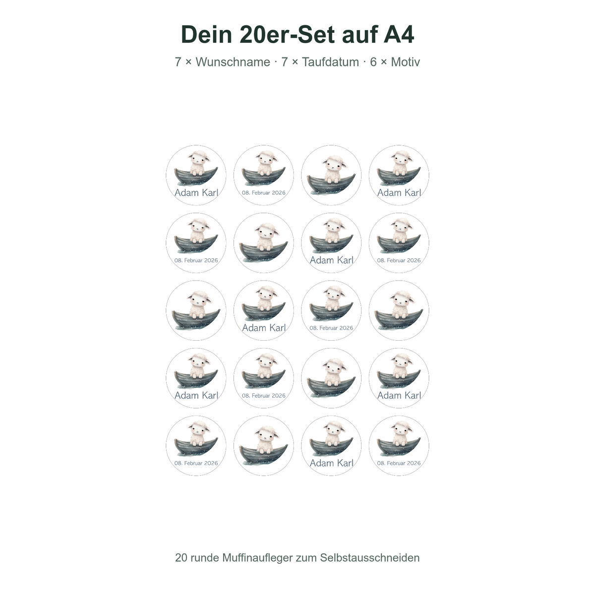 MUCKKI-PRO:cb7dc3f088e5a20b7949d90aa98920e5ba3b92b5f8e7fc3a58b83c36edfb6802:Muffinaufleger Taufe Schaf 1 – 20 Stück à 4 cm mit Name und Taufdatum