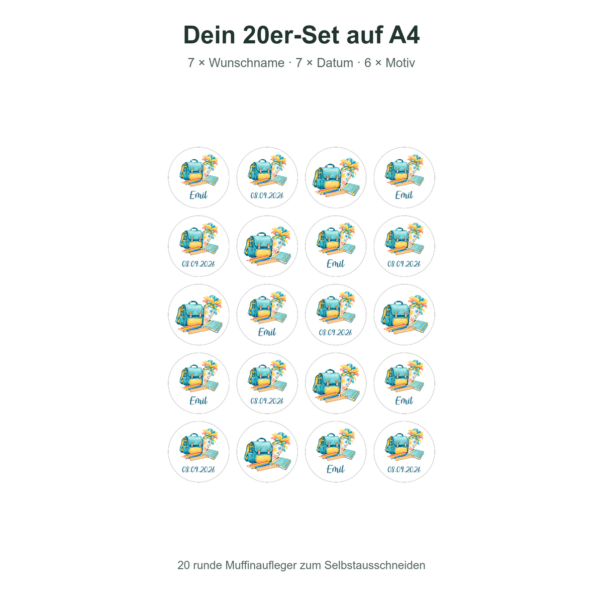 MUCKKI-PRO:c468691bd9141414df0a32faec65d247221dcb0b001cfeb7b31ab79623cc3e5c:Muffinaufleger Schulanfang 1 mit Kind und Fuchs, Wunschname & Jahr – 4 cm (20 Stück) oder 6 cm (12 Stück)