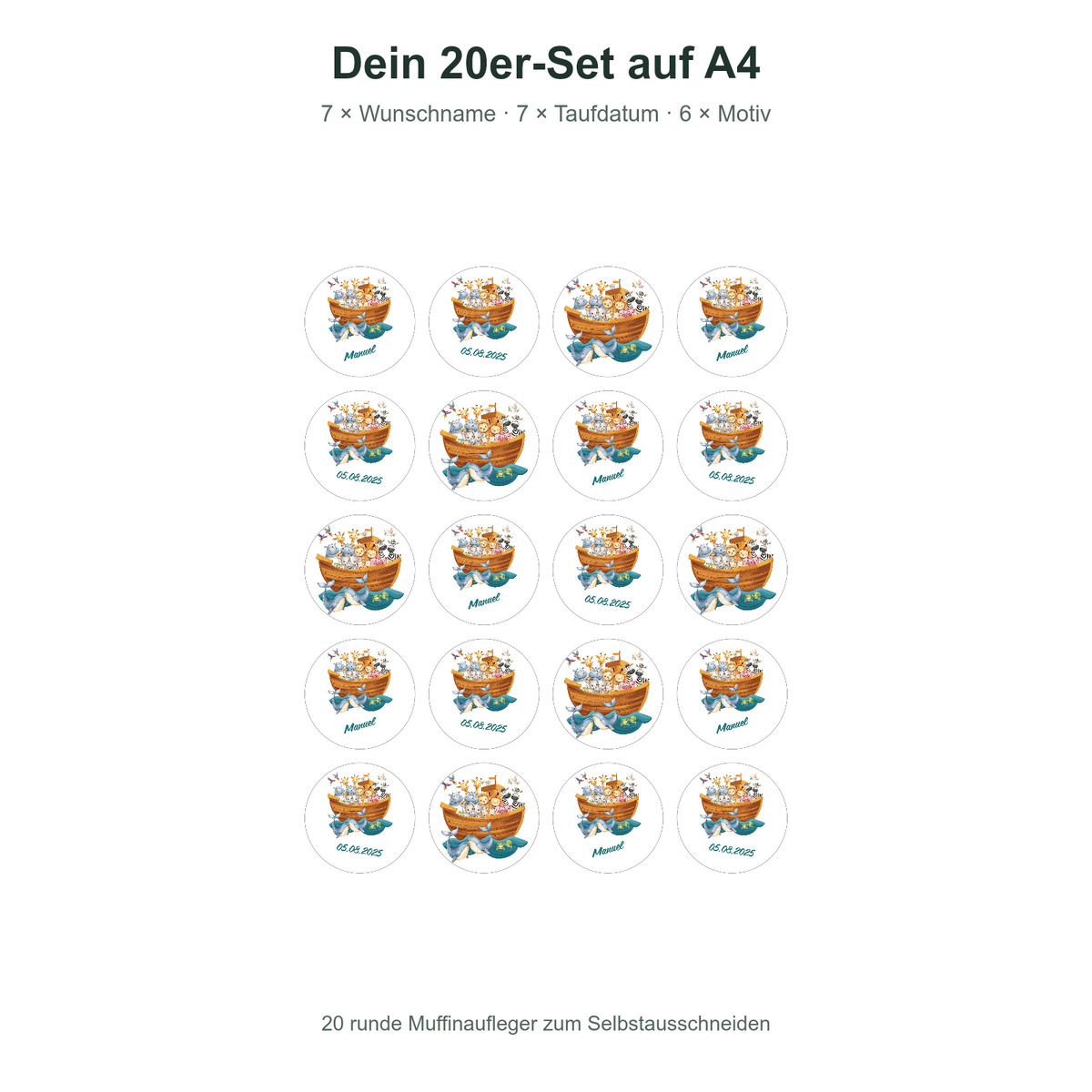 MUCKKI-PRO:12e7a1c6c46c7821980d83a5fdcb7dbf8c6021a3311547f1ba9c31fdf63ce29c:Muffinaufleger Taufe Arche Noah 2 – 20 Stück à 4 cm mit Name und Taufdatum