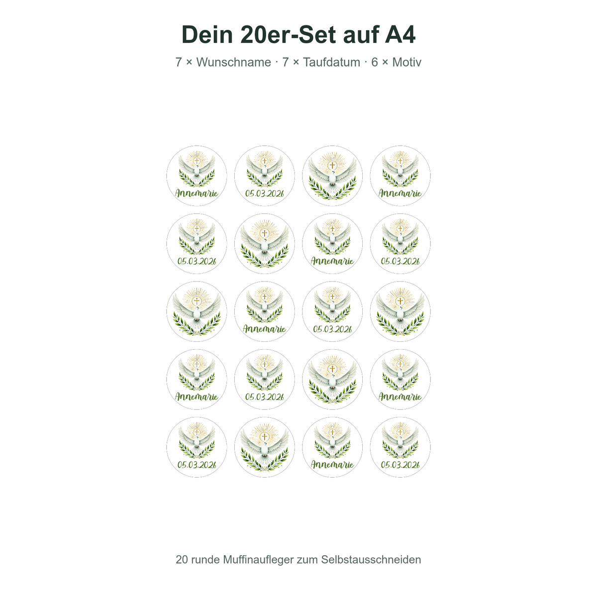 MUCKKI-PRO:7f537d613de32870f14f05e91cabbec33bb2553bcdd57939aee2ade2872a56a6:Muffinaufleger Taufe Heiliger Geist 1 – 20 Stück à 4 cm mit Name und Taufdatum