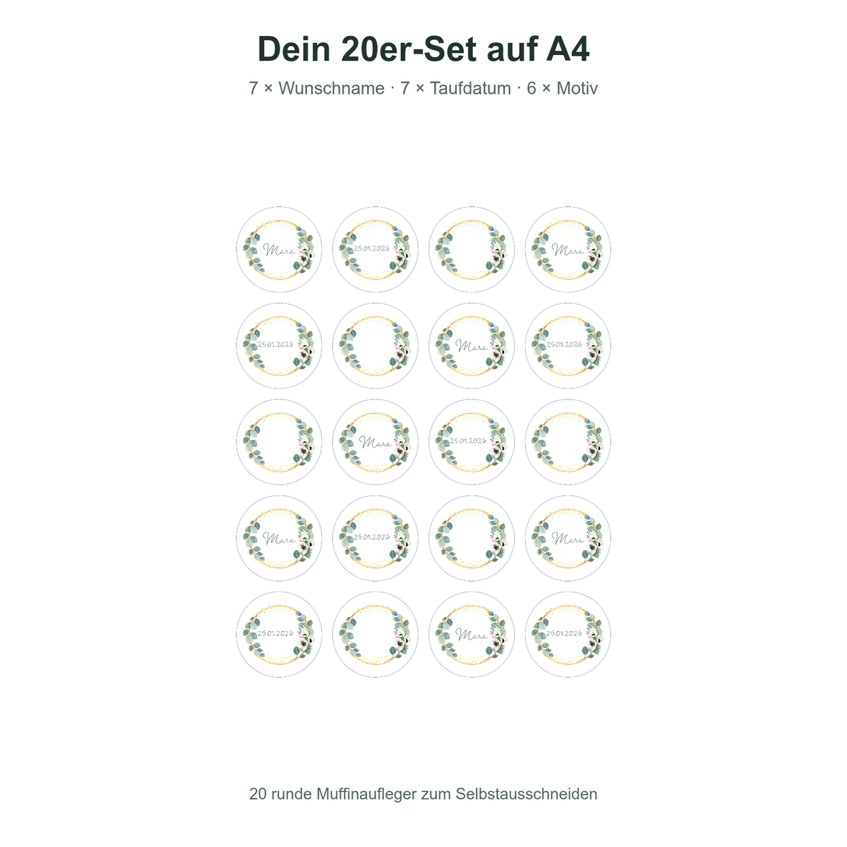 MUCKKI-PRO:7df09041af2d4b0059886662f50456d32b81c3002e139bcc48bcfbe881fa721e:Muffinaufleger Taufe Eukalyptus 1 – 20 Stück à 4 cm mit Name und Taufdatum