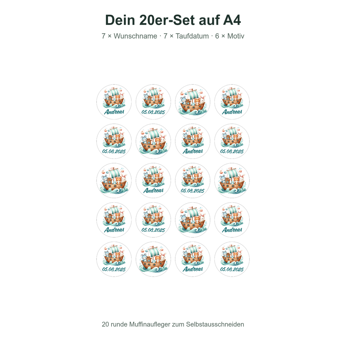 MUCKKI-PRO:c81399ced76c9109def1ee1e09047df8b3284a06e1f273784f5ccfaea55a1ab8:Muffinaufleger Taufe Arche Noah 4 – 20 Stück à 4 cm mit Name und Taufdatum