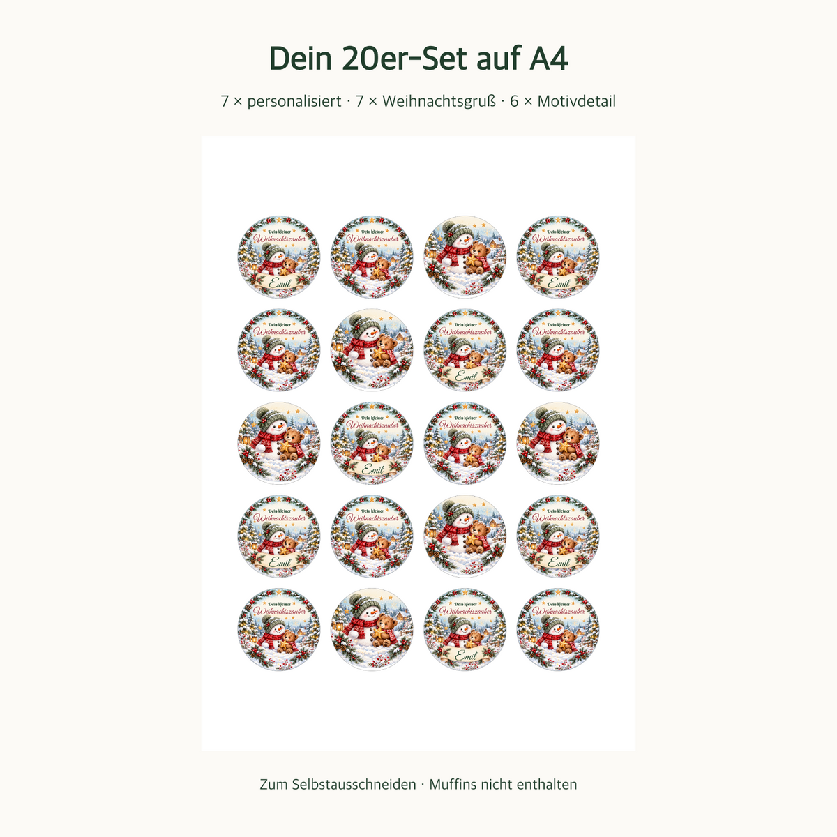 MUCKKI-PRO:7aa7b3aaa39635121249c645923531f34f5cb2e0a84fbfdfd21ea6fa909e3055:Muffinaufleger Weihnachten Schneemann & Bär – personalisiert mit Wunschname – 4 cm oder 6 cm