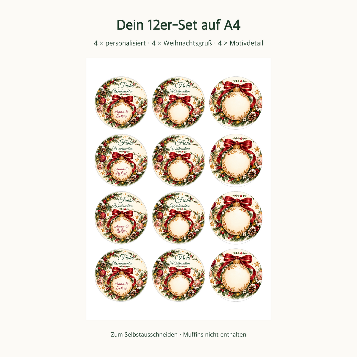 MUCKKI-PRO:2a3f6324846bba203eb0d4f730b9ac3e2bd3a91e777102a94e8488d1e7e34f3b:Muffinaufleger Weihnachten Weihnachtskugel – 12 Stück à 6 cm mit Wunschnamen
