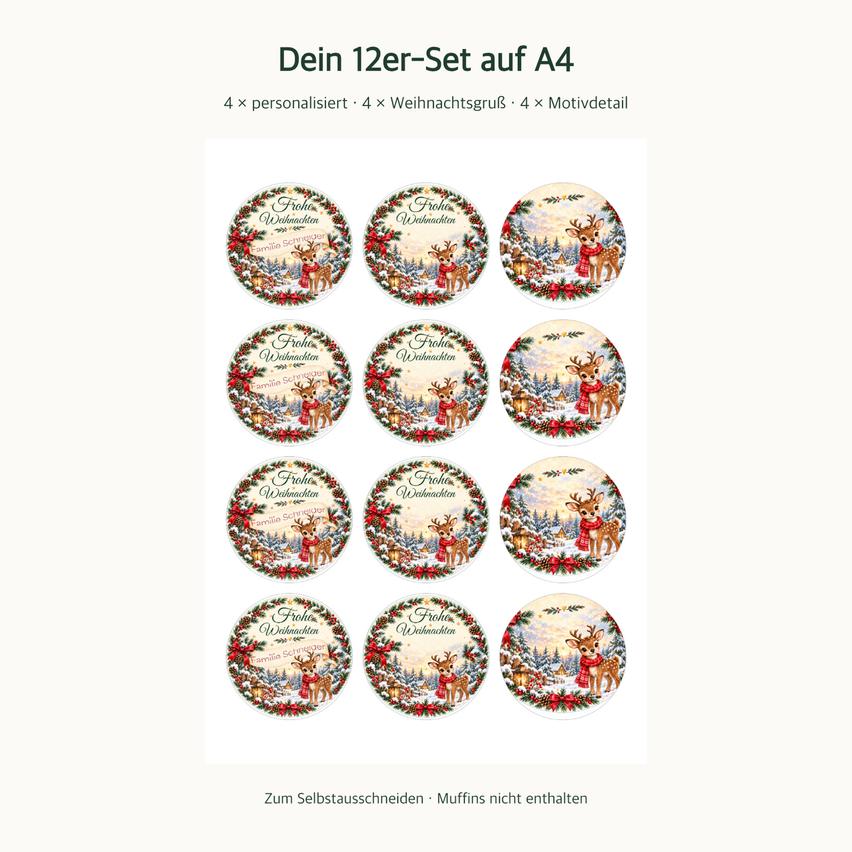 MUCKKI-PRO:4e723a8b8a3b8a53197fec46b6677f296e33a09b6356ea0f1f262284866dfcfb:Muffinaufleger Weihnachten Rentier – 12 Stück à 6 cm mit Familienname