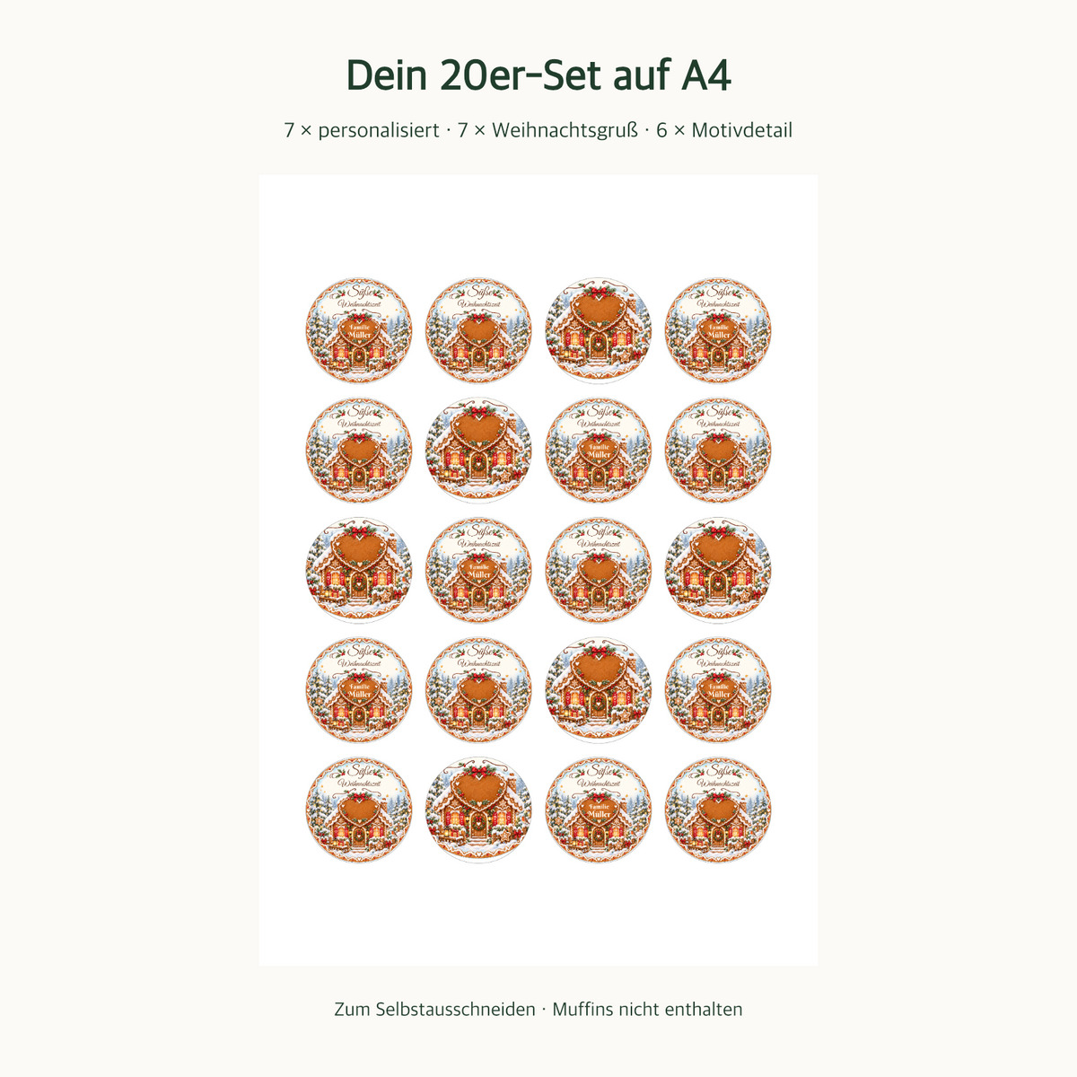 MUCKKI-PRO:1bc1ca4e0349f41b4155fb49bd717682ef5fe962b4ca618905a705d9bf7cd50f:Muffinaufleger Weihnachten Lebkuchenhaus – personalisiert mit Familienname – 4 cm oder 6 cm