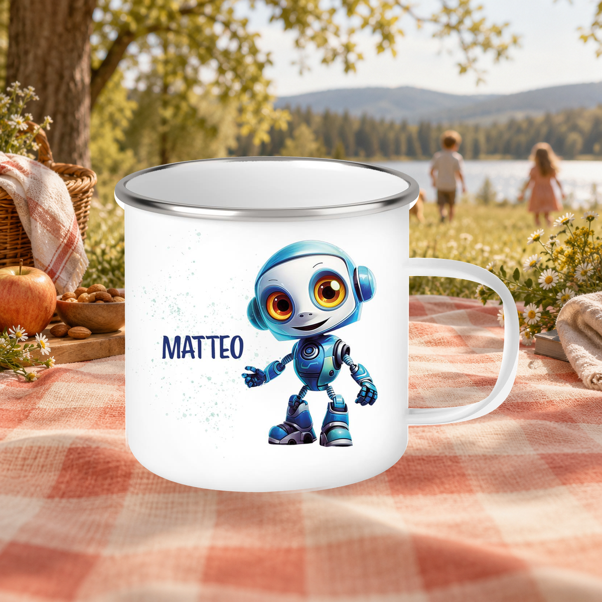 MUCKKI-PRO:b939dee1b6958c5edd7604773d5f18789f88f17cf70edb2319a6d07f62dc1e28:Tasse Wunschname Roboter 2 Emaille Kinderbecher