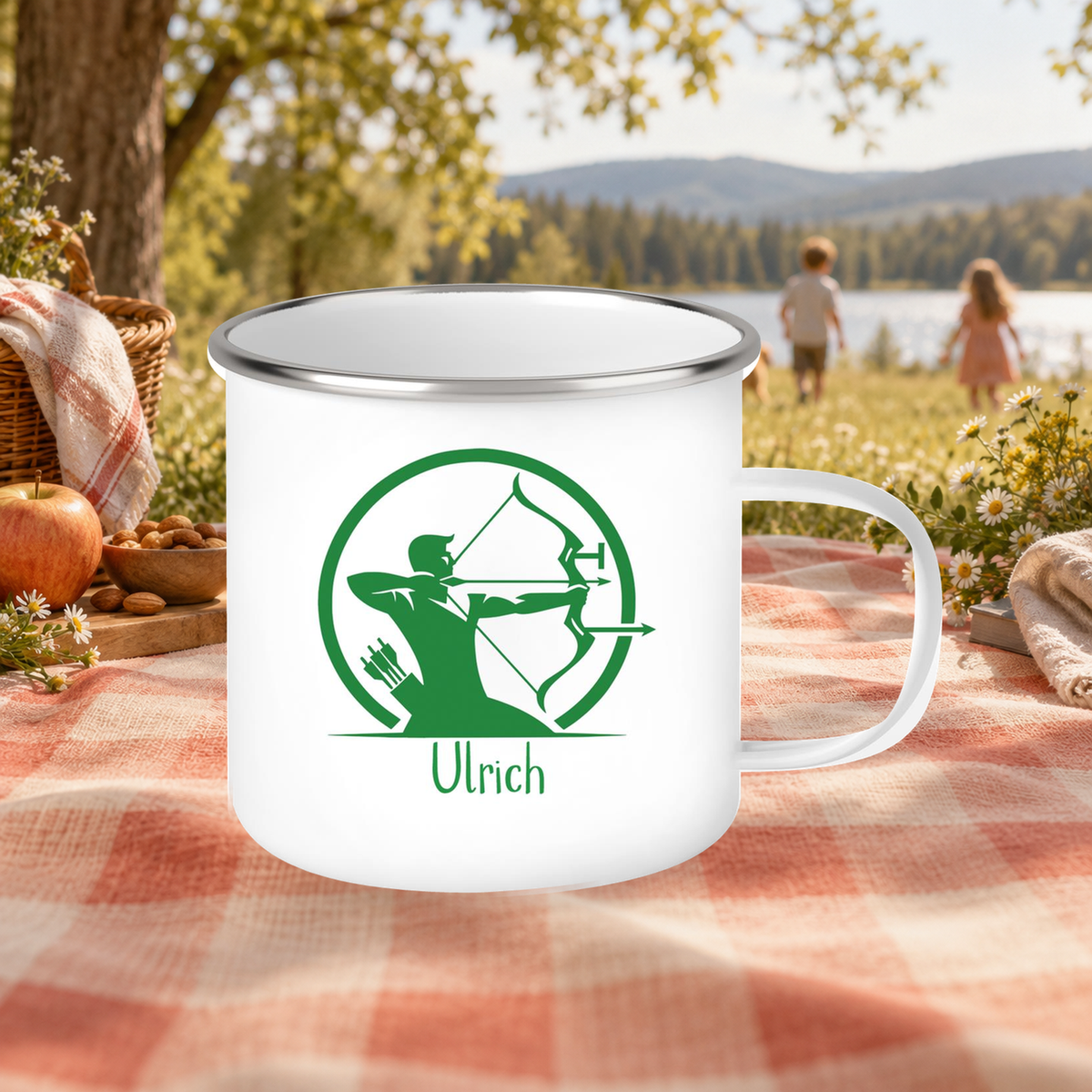 MUCKKI-PRO:57e8b0dc9a2de2021e2504892b32374b4d568f69dd87c385950ca9b3c03c6a6a:Tasse Bogenschütze 1 Wunschname Emaille personalisiert