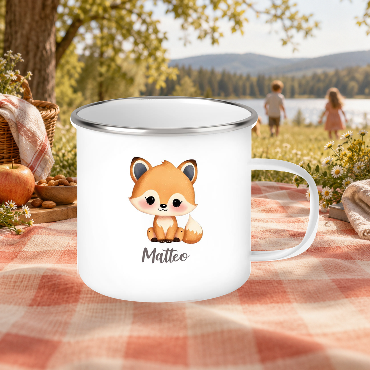 MUCKKI-PRO:1edc59432f4ca0c19b7ab8c477f46ab6d9e361813e831f67c52e0655016c7328:Tasse Wunschname Fuchs 1 Emaille Kinderbecher