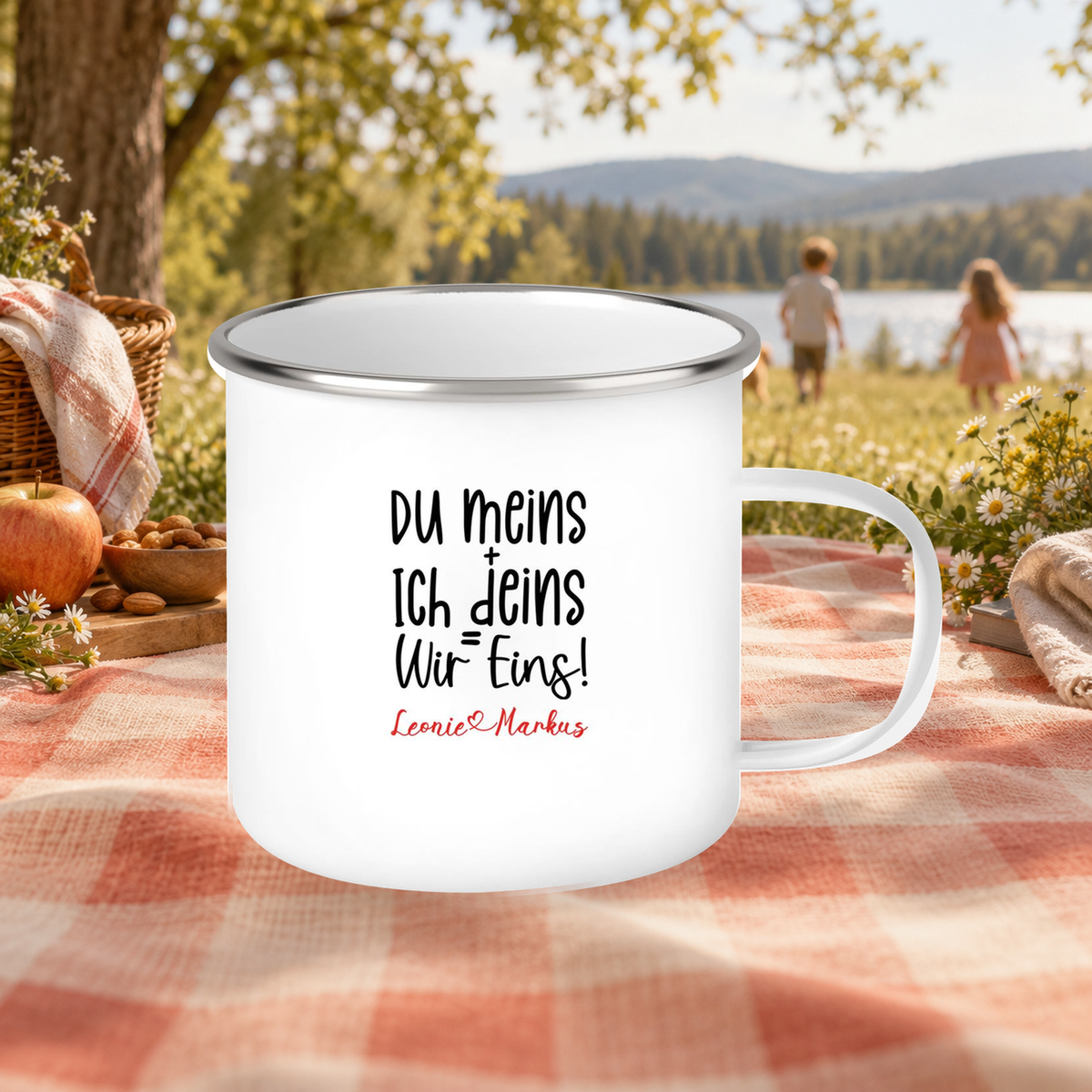MUCKKI-PRO:54cc177644a28deae1420c962e8068e397380ee37da886aa71e7320f9cf6895c:Tasse Liebe - Spruch "du meins, ich deins, wir eins" Valentinstag Wunschnamen Emaille personalisiert