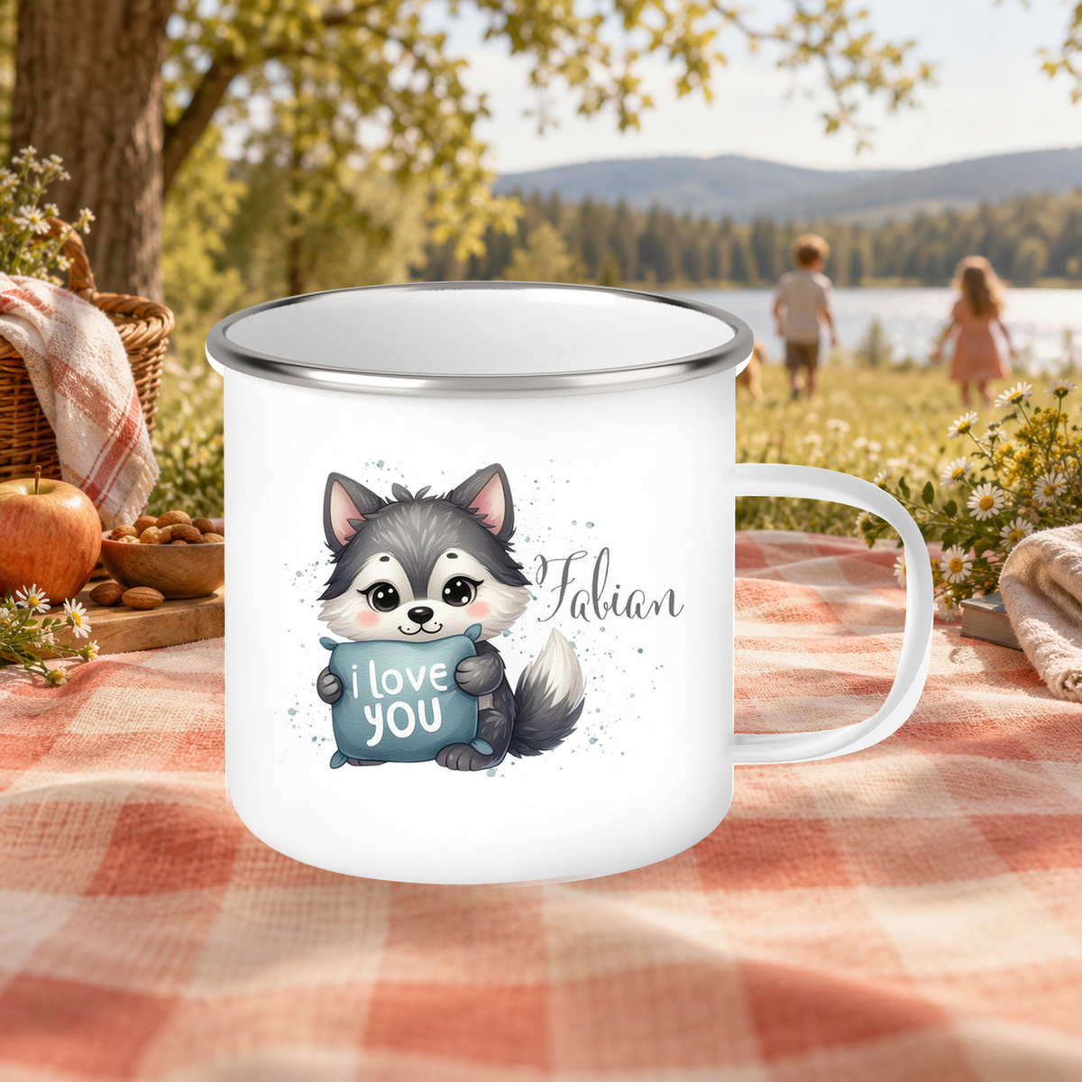 MUCKKI-PRO:8fda85a4099e31a6110cea2cf6282c5135b0795f0ca6caaaf672f066b077c3ea:Tasse Liebe - Fuchs Valentinstag Wunschnamen Emaille personalisiert