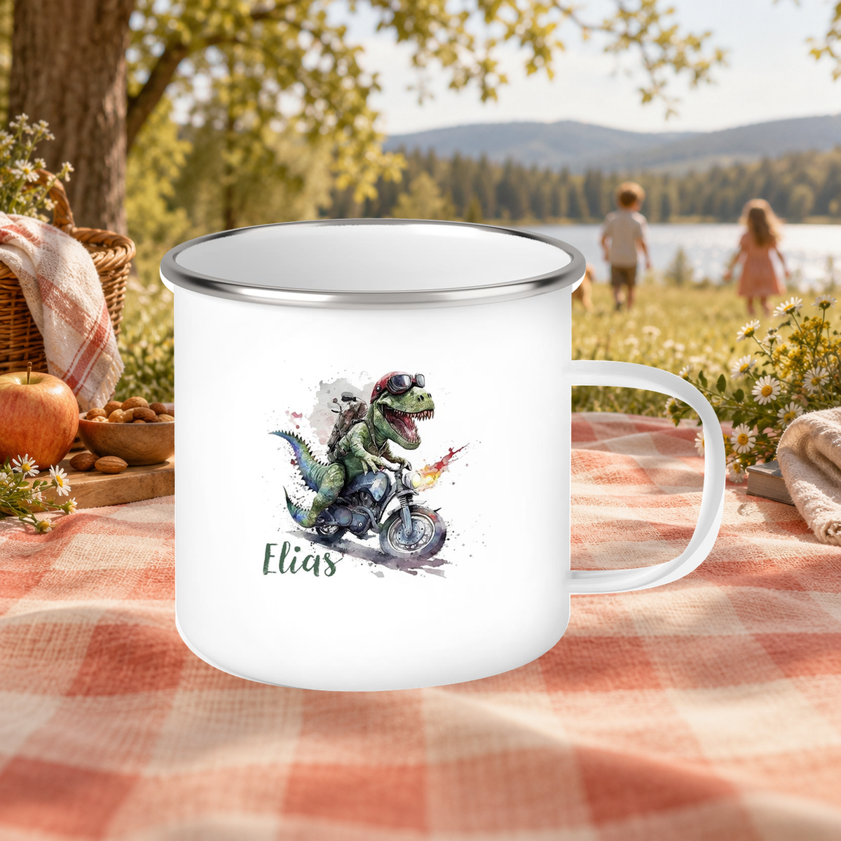 MUCKKI-PRO:609034c41ae76dcf6c6fb22367d1483020e3d4f26d420dd306dddc9ddf656096:Tasse Wunschname Dino 5 Emaille Kinderbecher