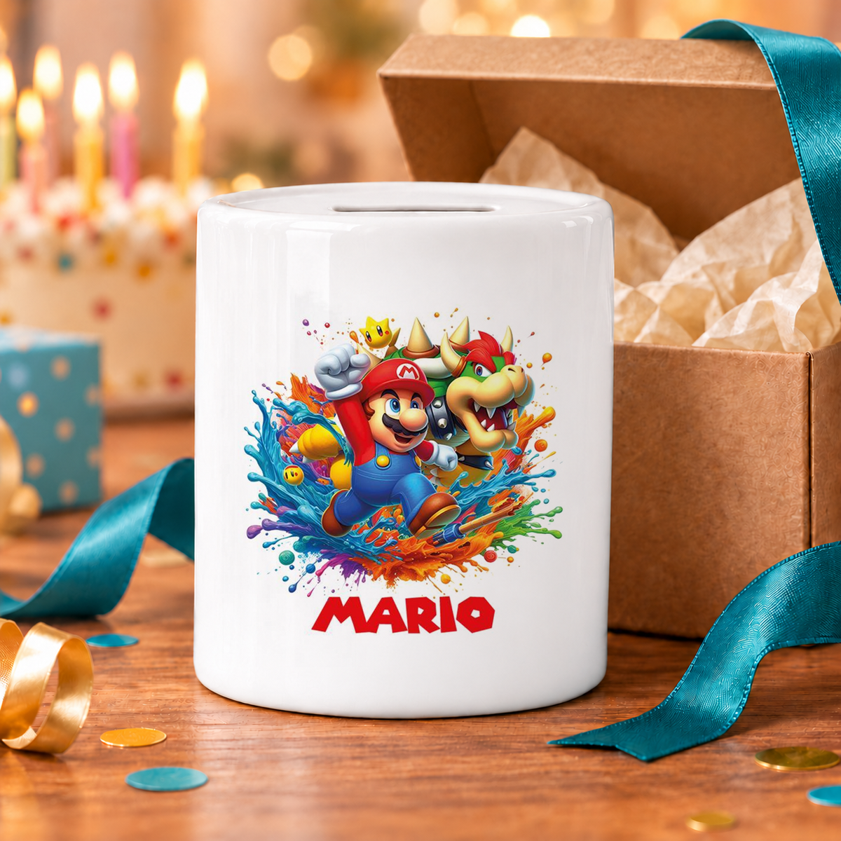 MUCKKI-PRO:79ab30779857df870840f2a54443bea61394fe6212c5cbe67a527345208be46d:Spardose Super Mario 5 Wunschname personalisiert