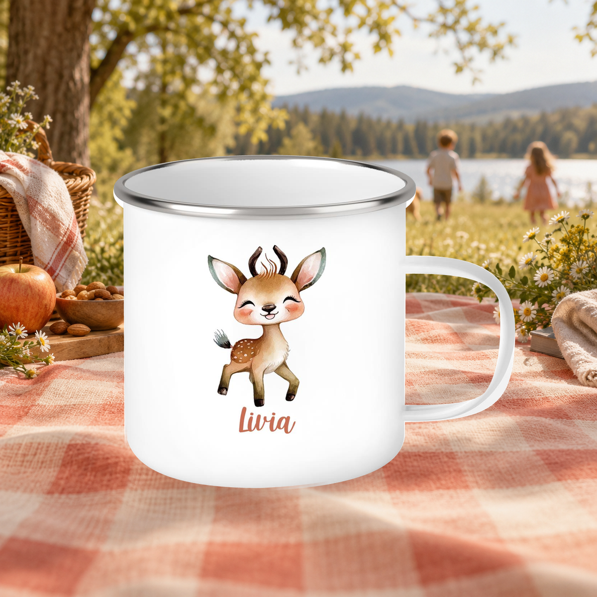 MUCKKI-PRO:38caf462ab2fec52bf42b7d52528e568aa04a3edab7a13d0bef2e5bea057c1d3:Tasse Wunschname Reh 1 Emaille Kinderbecher