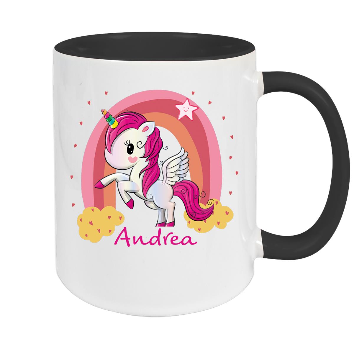 Tasse Wunschname Regenbogen-Einhorn Keramik Kinderbecher personalisiert versch. Farben