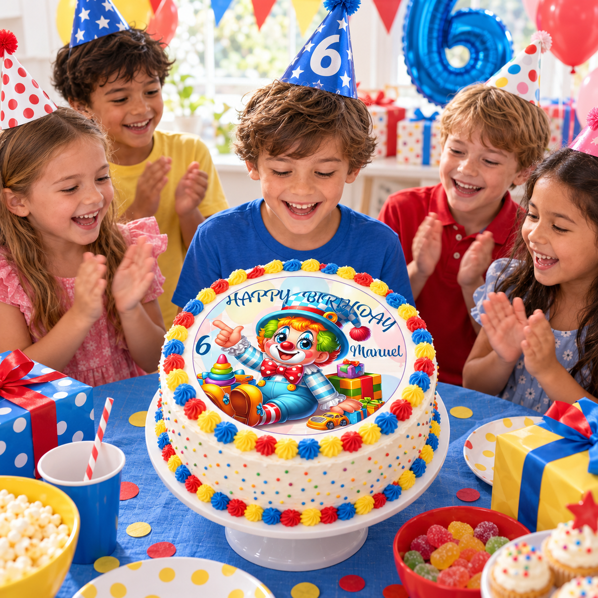 MUCKKI-PRO:5e5cc03016e2663dcce20e7cb0e66158287bf4f3f9b0ab265d90aa35720b92f7:Tortenaufleger Geburtstag Clown-Party 2 Name & Zahl (20cm) Fondant Papier