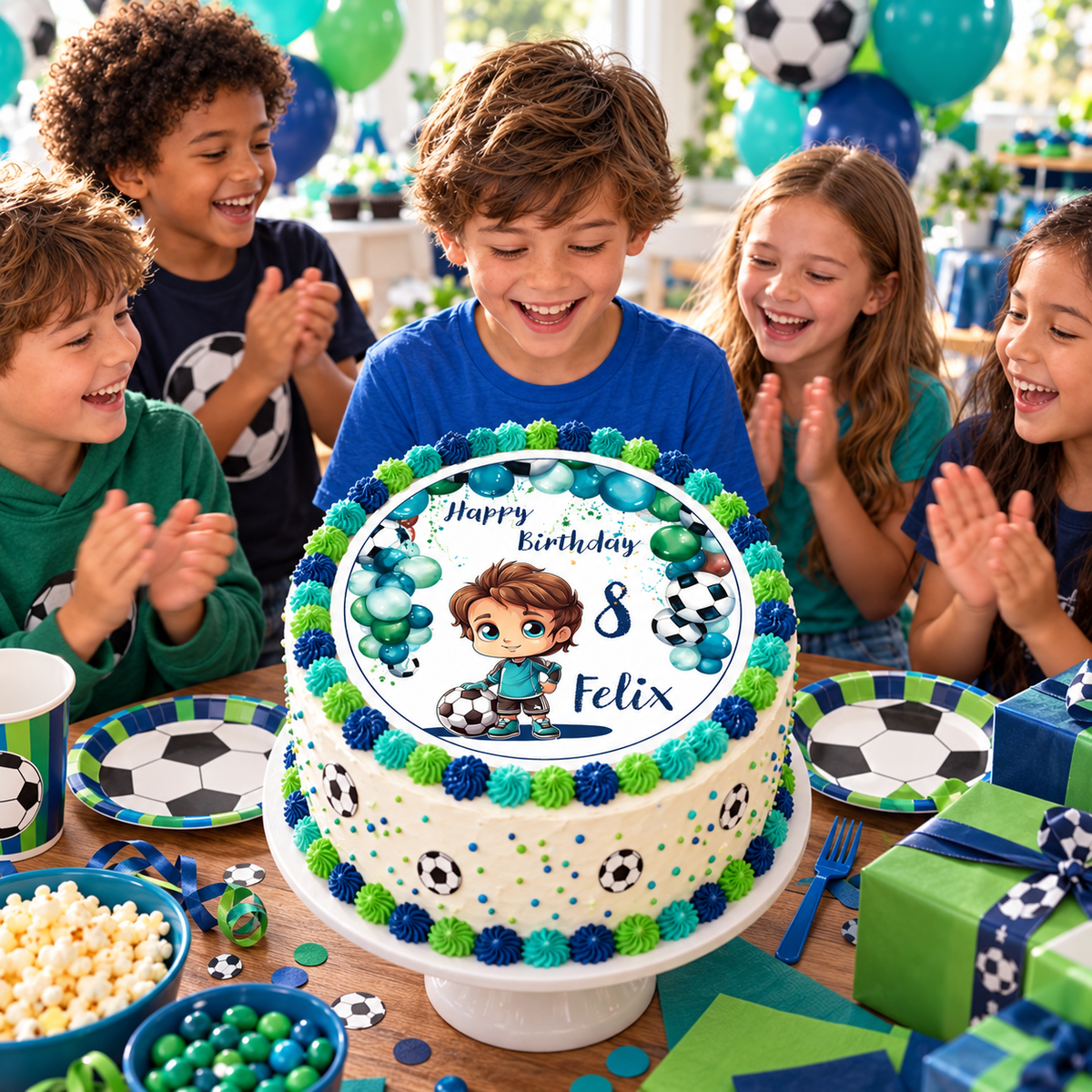 MUCKKI-PRO:79fa13ff665e30f402edd07e5b4bc886eeb939d817a7e9416a3b0275816679b4:Tortenaufleger Geburtstag Fußball 2 Name & Zahl (20cm)