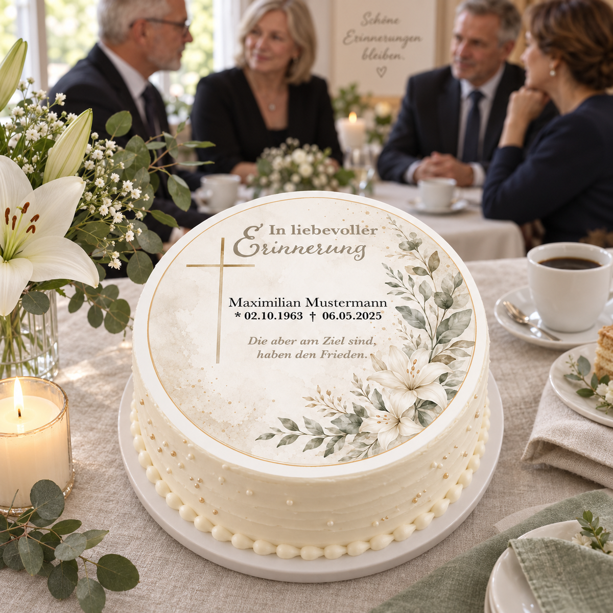 Tortenaufleger Beerdigung & Trauerfeier Blüten 02 – personalisiert mit Name & Datum Fondantpapier – versch. Formen