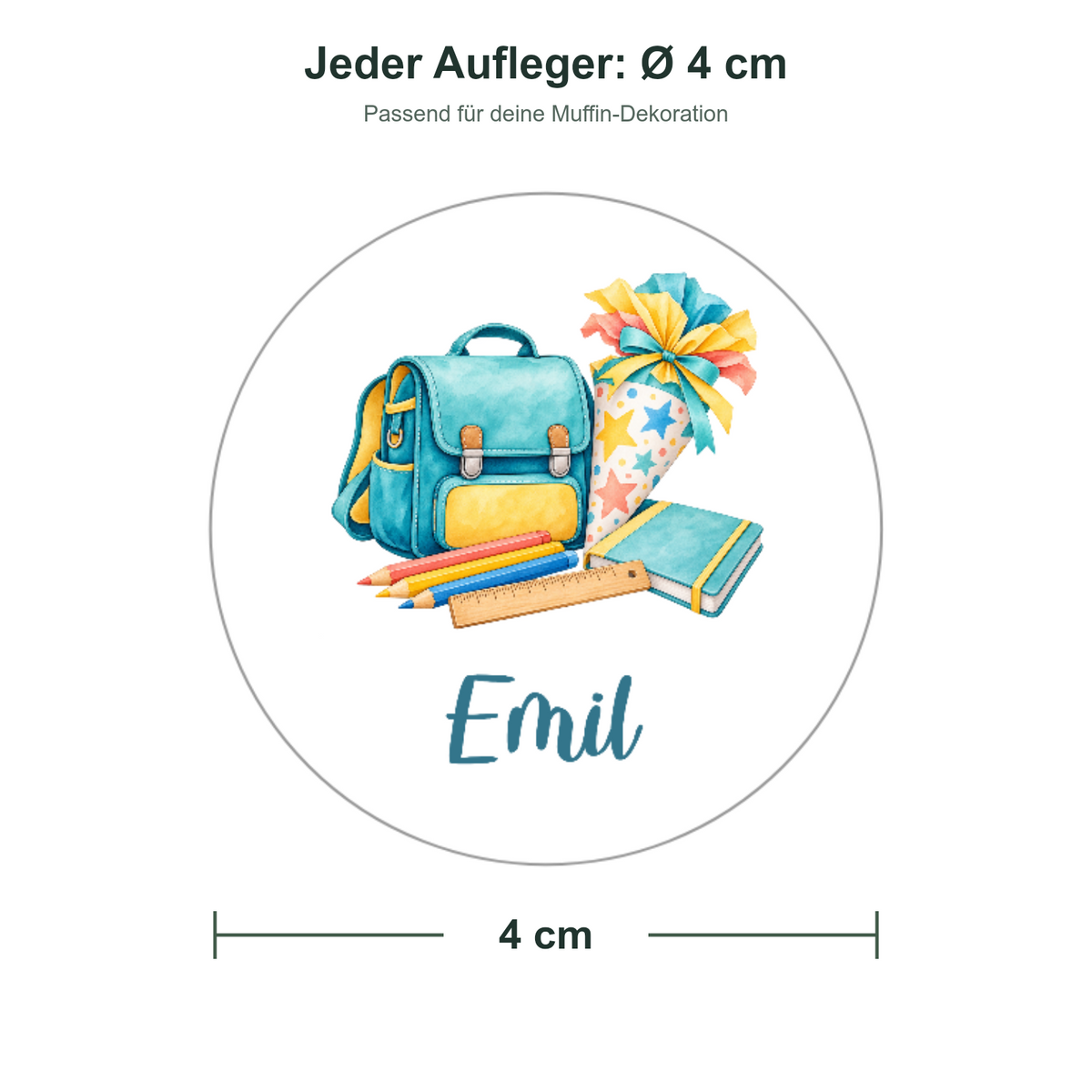 MUCKKI-PRO:0614892636d5c067a275b40ef4b203bf25e9d30a1e566e595a611514135ea25e:Muffinaufleger Schulanfang 1 mit Kind und Fuchs, Wunschname & Jahr – 4 cm (20 Stück) oder 6 cm (12 Stück)
