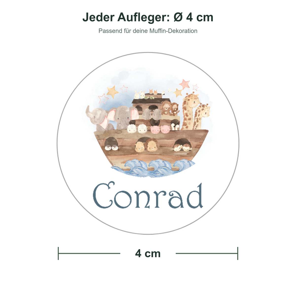 MUCKKI-PRO:0c2de929ee20703893fec1e9dbec63d74c40d02f6b9857abf565c3d20c05393a:Muffinaufleger Taufe Arche Noah 1 – 20 Stück à 4 cm mit Name und Taufdatum