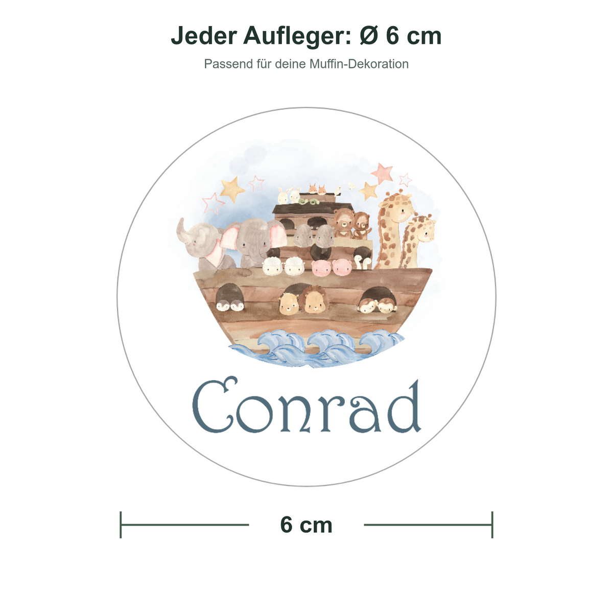 MUCKKI-PRO:126772720fdd2526a4afb48bd86e2c153028a1377bfcda2c7bb334be59c54783:Muffinaufleger Taufe Arche Noah 1 – 12 Stück à 6 cm mit Name und Taufdatum