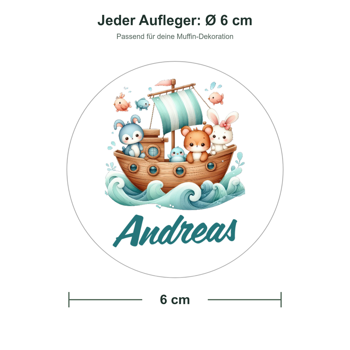 MUCKKI-PRO:3959ffcc114ae87cfe5abc32f3a22614cbf3e462d54fe8f5c80515acb6a2bc0e:Muffinaufleger Taufe Arche Noah 4 – 12 Stück à 6 cm mit Name und Taufdatum