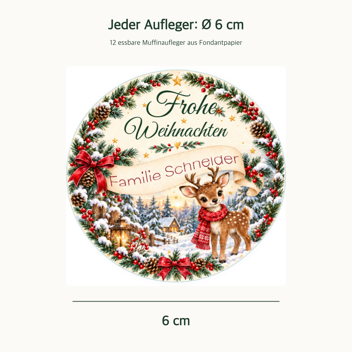 MUCKKI-PRO:d9e6f85a0e7e2abf34da19761f7b13bd8f086af038c0fac3f575f82d4983389c:Muffinaufleger Weihnachten Rentier – 12 Stück à 6 cm mit Familienname