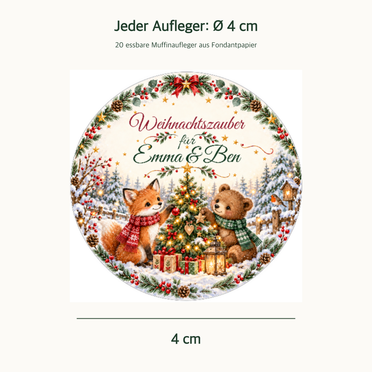 MUCKKI-PRO:12e0378935acc20e96845bf279bbf9783dbe1c74c927bc2e2f9a7f2de3e6205b:Muffinaufleger Weihnachten Fuchs & Bär – personalisiert mit Wunschnamen – 4 cm oder 6 cm
